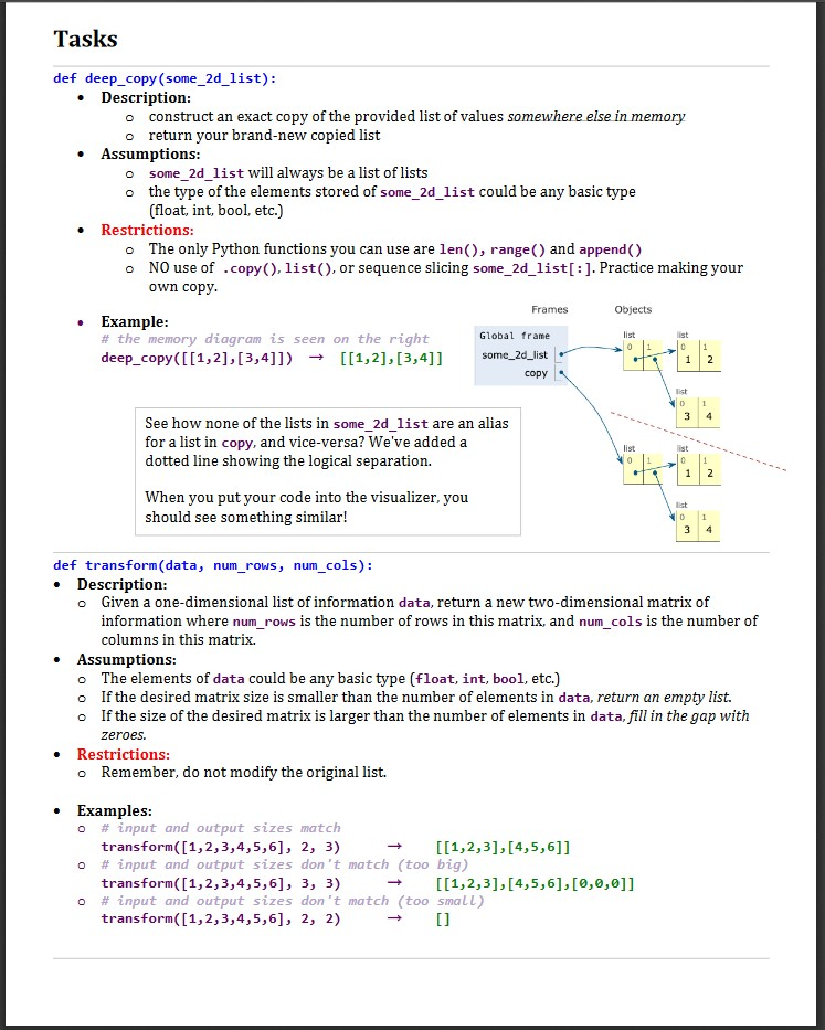 Solved Tasks def deep_copy (some_2d_list) Description: o | Chegg.com