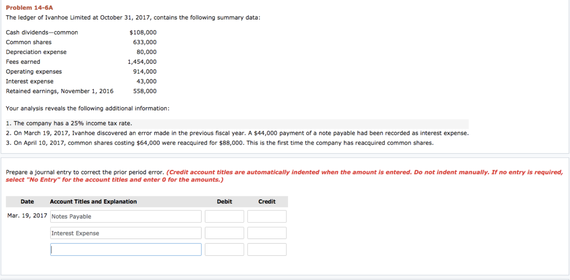 Solved Problem 14-6A The ledger of Ivanhoe Limited at | Chegg.com