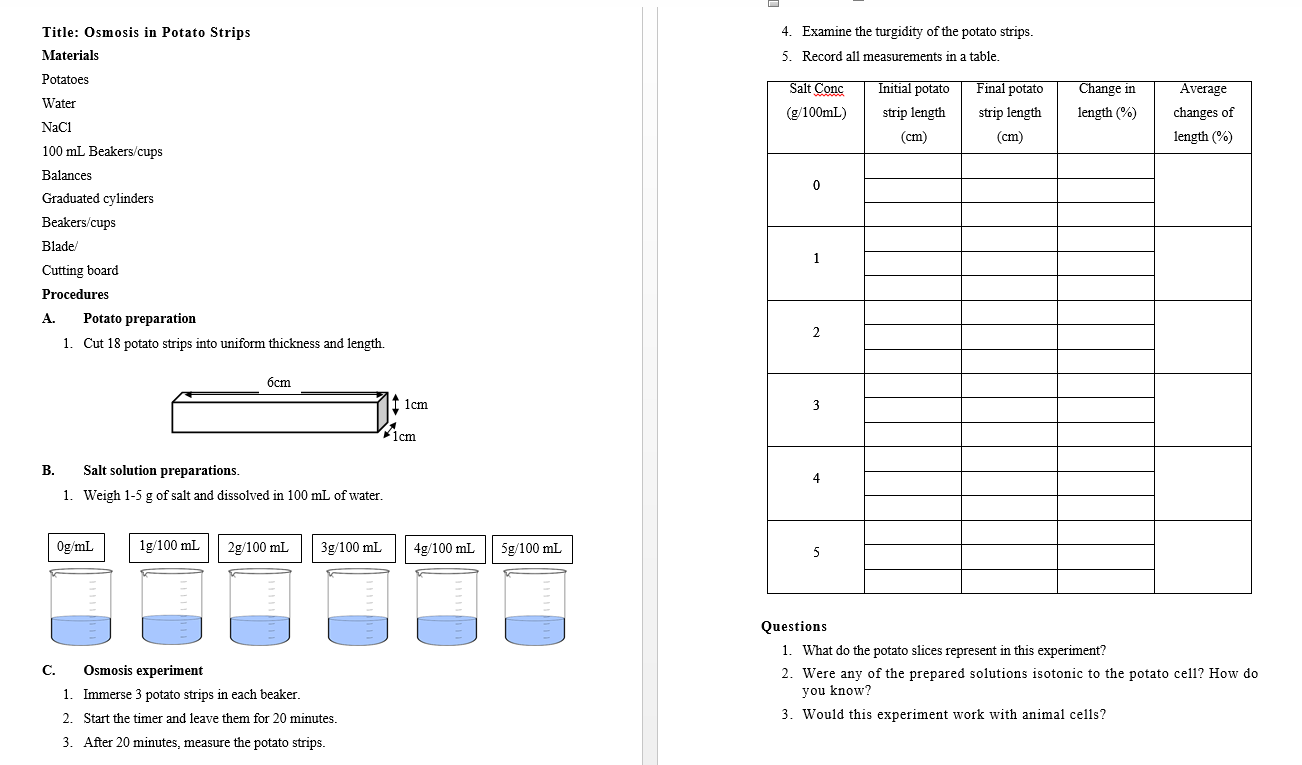 Solved Title Osmosis in Potato Strips Materials 4. Examine