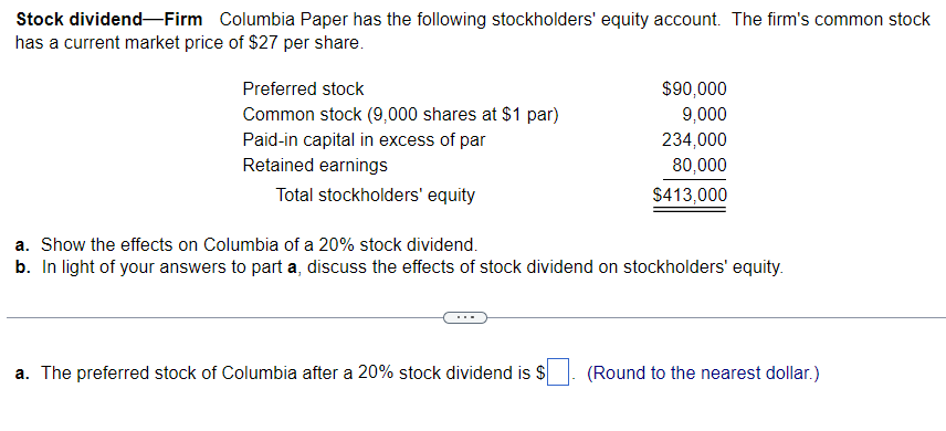 Solved Stock dividend—Firm Columbia Paper has the following | Chegg.com