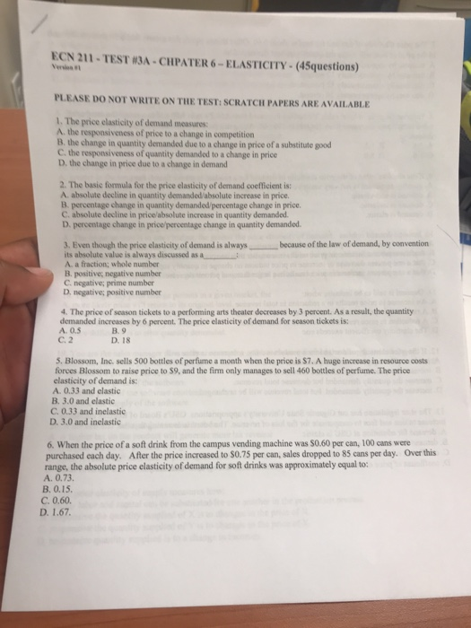 Solved ECN 211-TEST #3A-CHPATER 6-ELASTICITY-(45questions) | Chegg.com