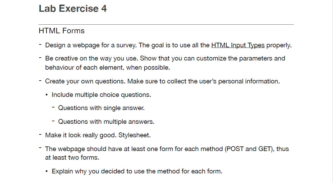Lab Exercise 4 HTML Forms - Design a webpage for a | Chegg.com