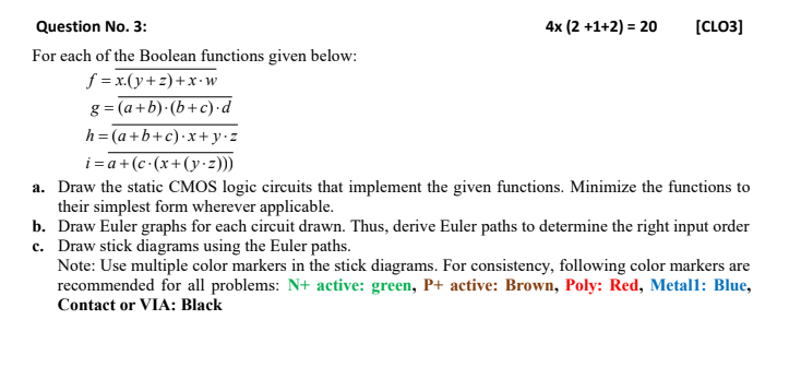 Solved Question No. 3: 4x (2 +1+2) = 20 [CLO3] For each of | Chegg.com