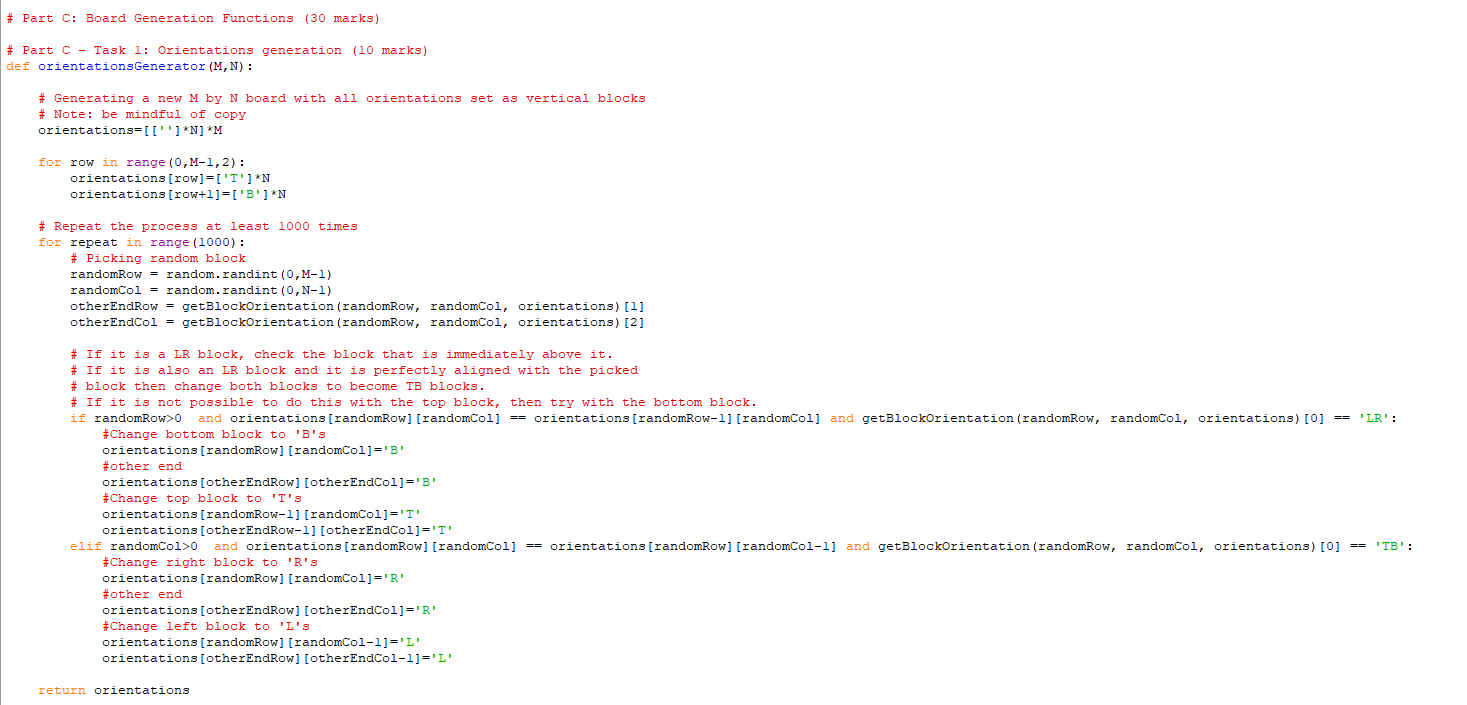 # Part C: Board Generation Functions (30 marks) # Part C - Task 1: Orientations generation (10 marks) def orientations Genera