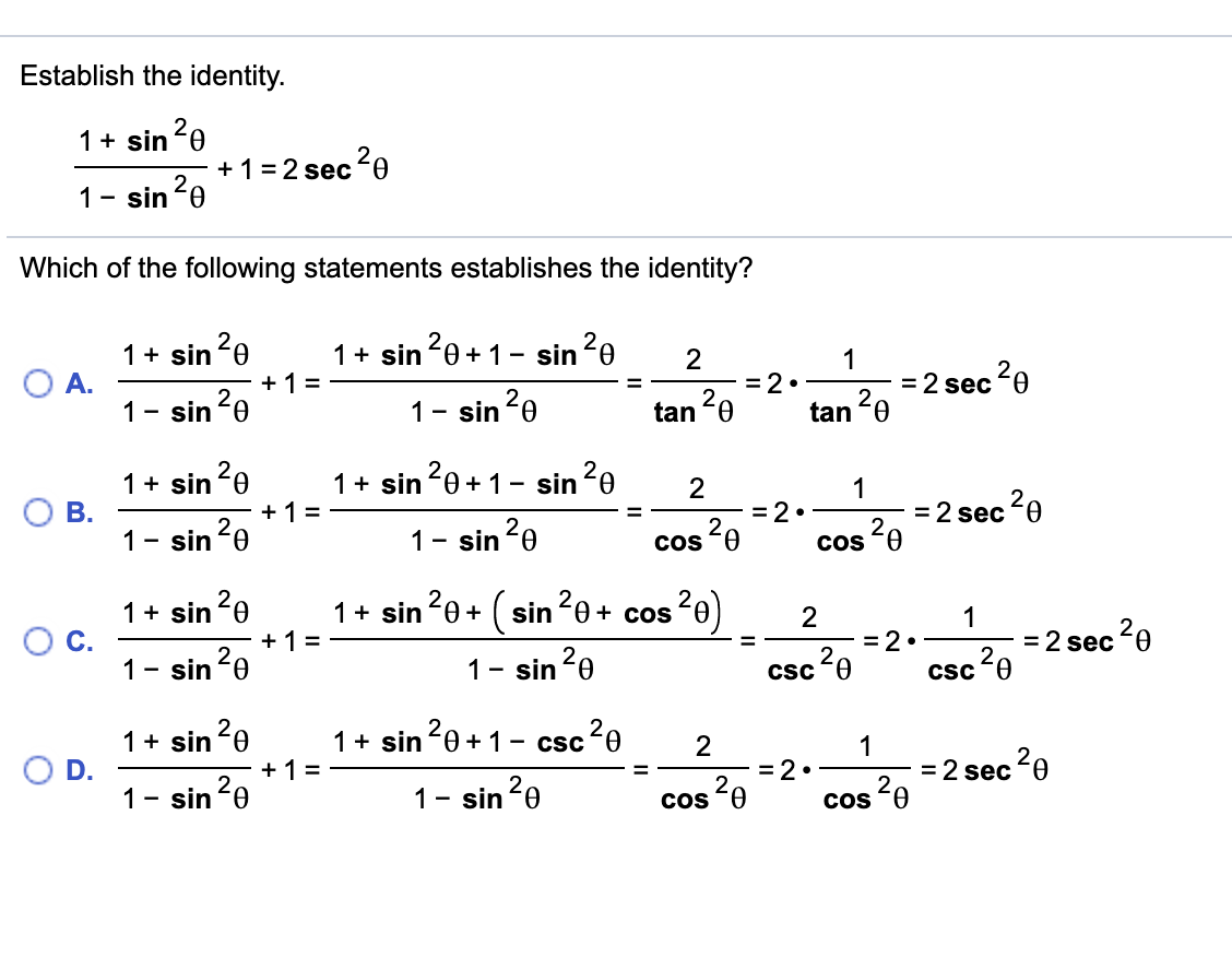 Solved Establish the identity. 1 + sin 20 +1 = 2 sec 20 1- | Chegg.com