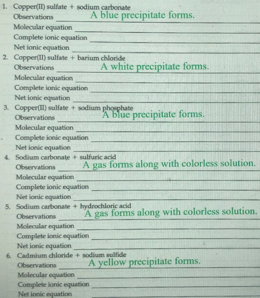 Solved 1. Copper(II) sulfate + sodium carbonate Observations