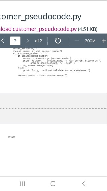 comer_pseudocode.py load customer_pseudocode.py (4.51 KB) < 3 > of 3 0 - ZOOM + Tree account number input account number() wh