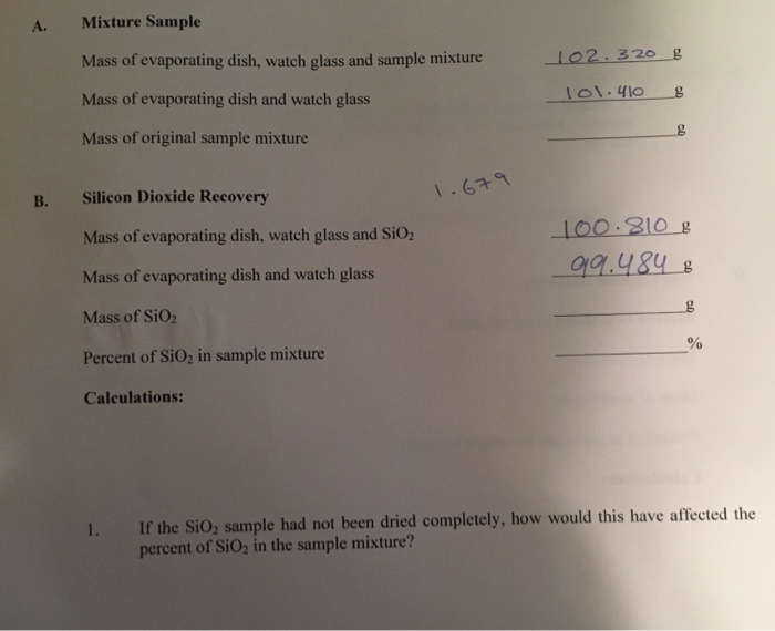 Solved A. Mixture Sample Mass of evaporating dish, watch