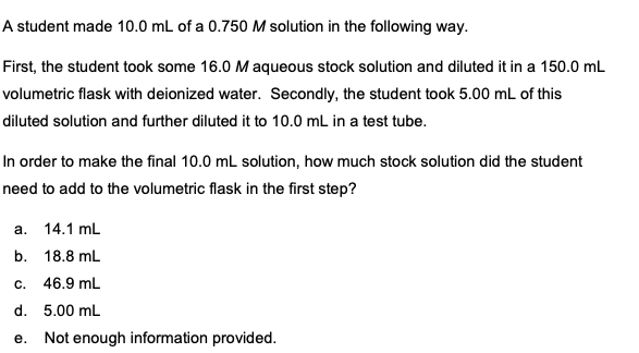 Solved A student made 10.0 mL of a 0.750 M solution in the | Chegg.com