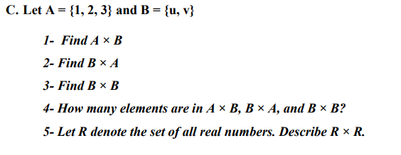 Solved C. Let A = {1, 2, 3} and B = {u, v} 1- Find AB 2- | Chegg.com