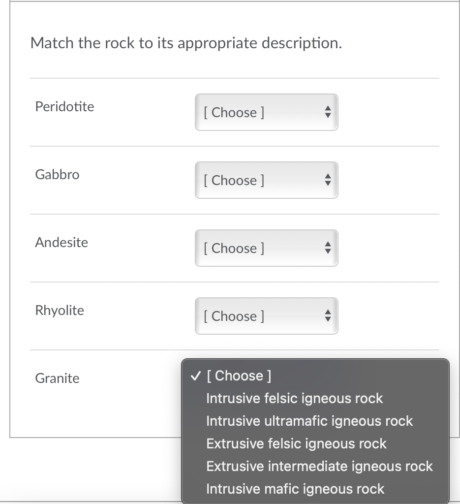 Match the rock to its appropriate description.
Peridotite
Gabbro
Andesite
Rhyolite