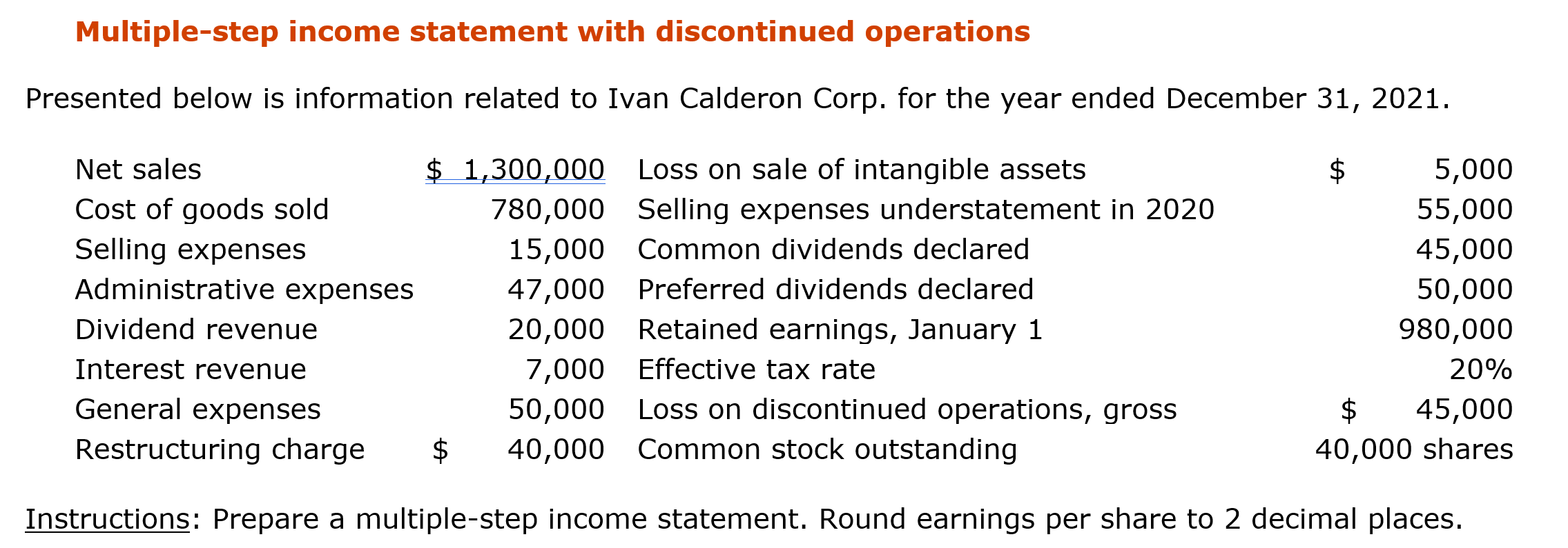 Solved Multiple Step Income Statement With Discontinued 6185