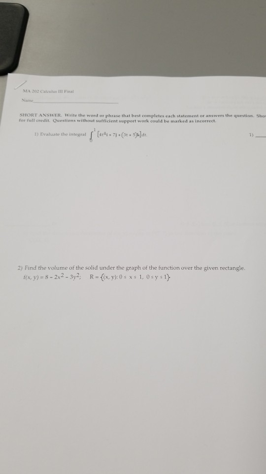 Solved MA 202 Calculus Il Final Name SHORT ANSWER. Write the | Chegg.com