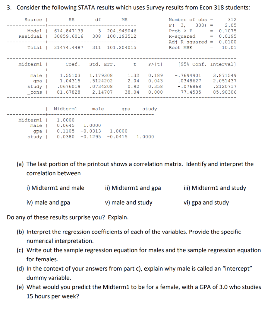 3. Consider the following STATA results which uses | Chegg.com