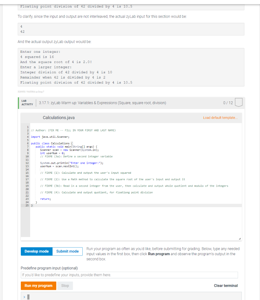 Solved 3.17 zyLab Warm up: Variables & Expressions (Square, | Chegg.com