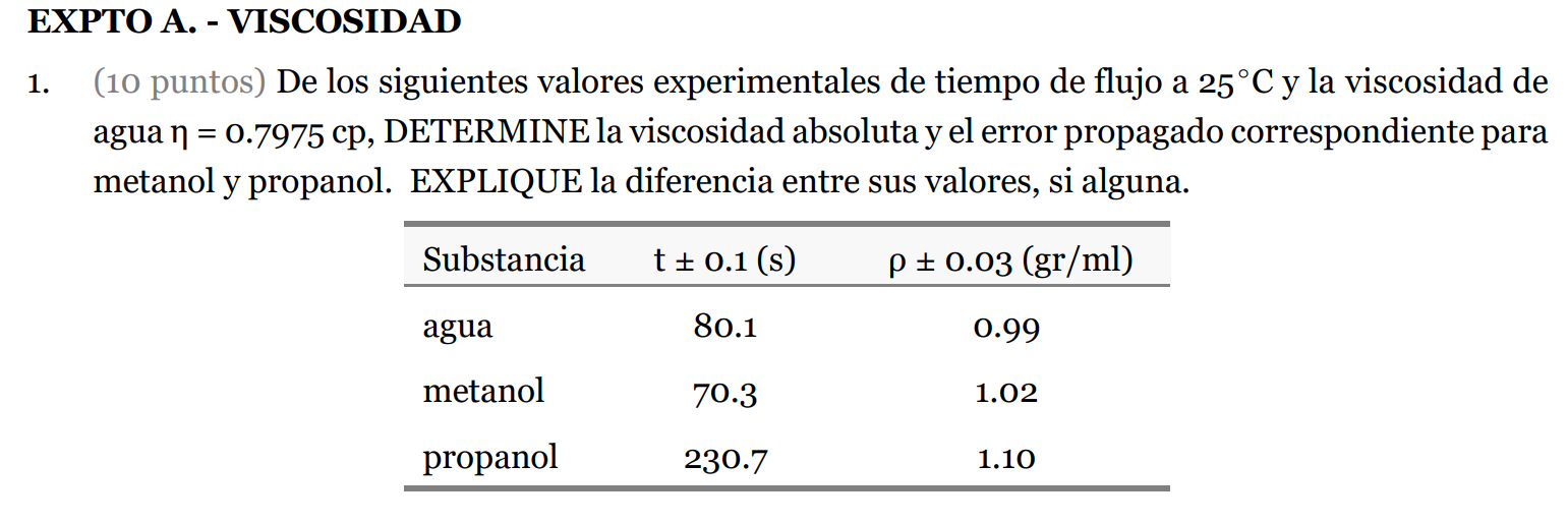 1. (10 puntos) De los siguientes valores experimentales de tiempo de flujo a \( 25^{\circ} \mathrm{C} \) y la viscosidad de a