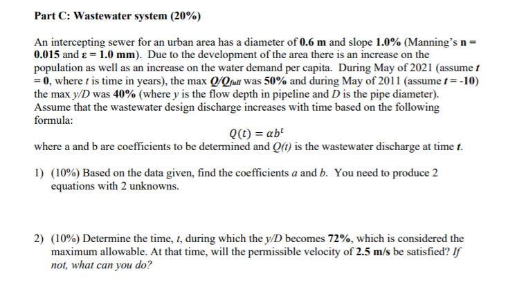 Solved Part C: Wastewater system (20%) An intercepting sewer | Chegg.com