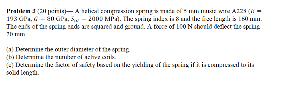 Solved Problem 3 (20 points)— A helical compression spring | Chegg.com
