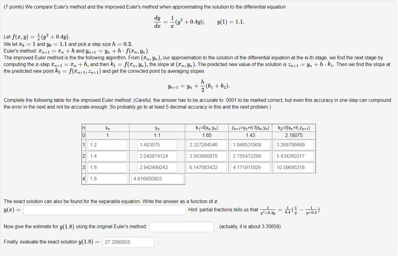 Solved (7 Points) We Compare Euler's Method And The Improved | Chegg.com