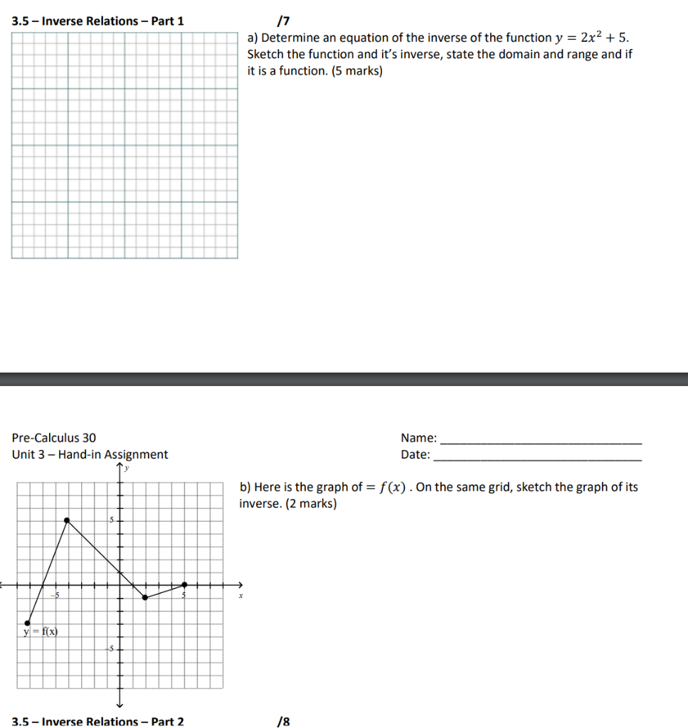 Solved 3.5 - Inverse Relations - Part 1 /7 a) Determine an | Chegg.com
