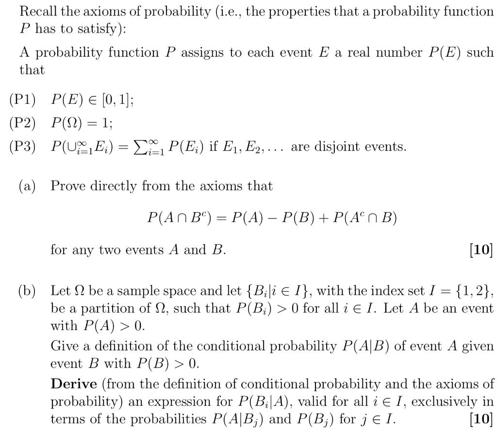 Solved Recall The Axioms Of Probability (i.e., The | Chegg.com