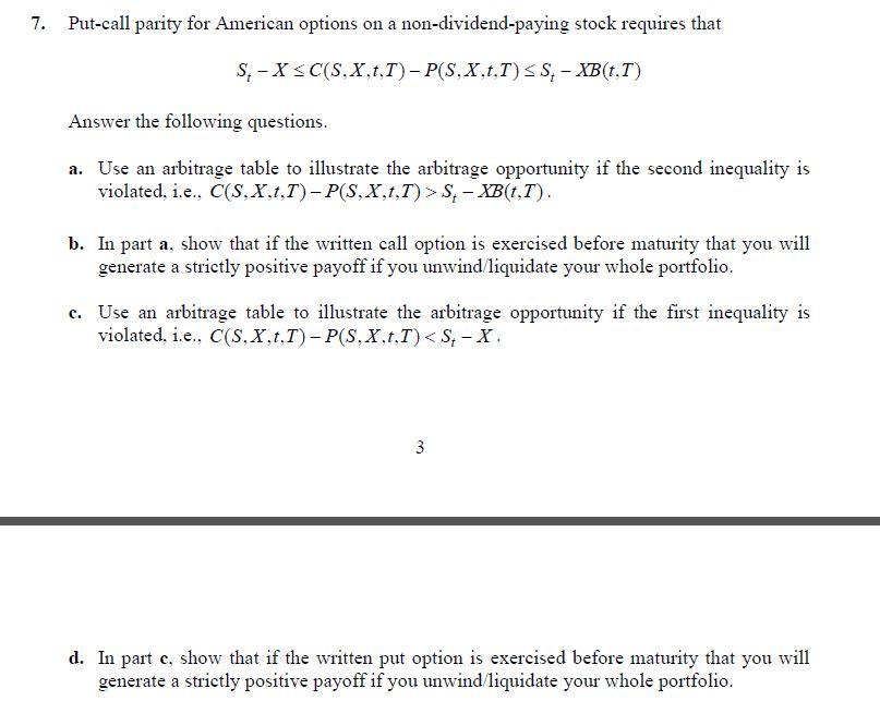 7. Put-call parity for American options on a | Chegg.com