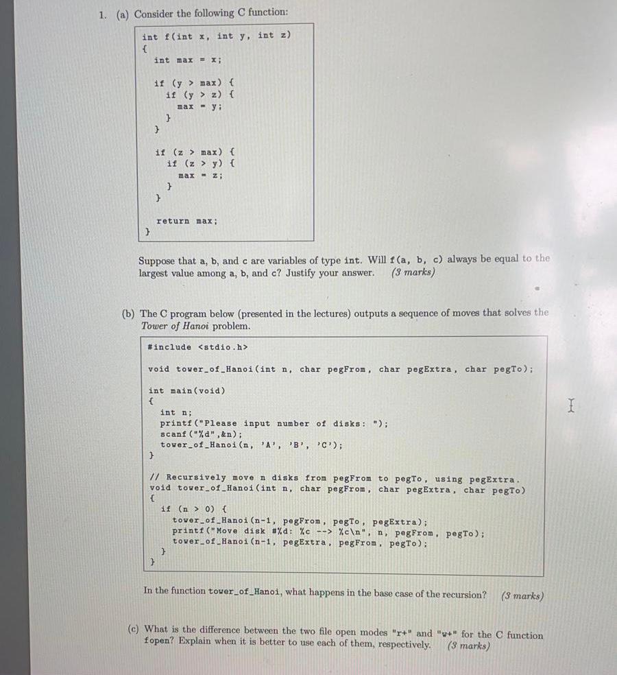 Solved 1 A Consider The Following C Function Int F In Chegg Com