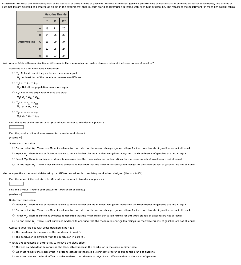 Solved A research firm tests the milespergallon