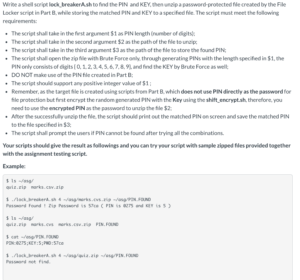 Write a shell script lock_breakerA.sh to find the PIN | Chegg.com