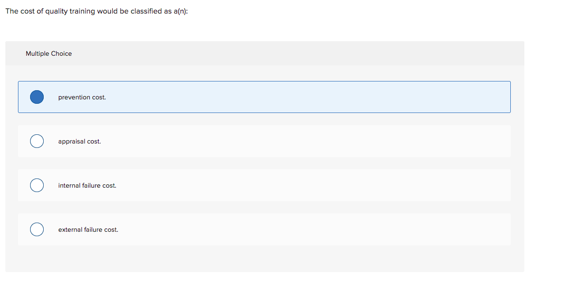 Solved The cost of quality training would be classified as