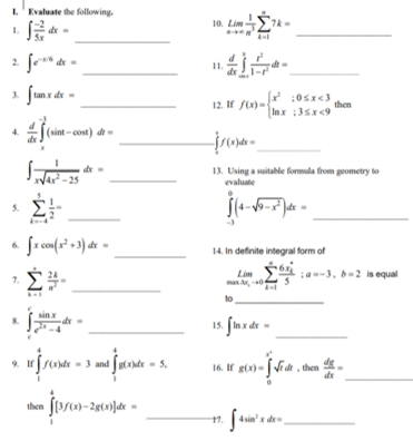 Solved 1. Evaluate the following 10. Lim 1. 2 fed 2 [tax de | Chegg.com