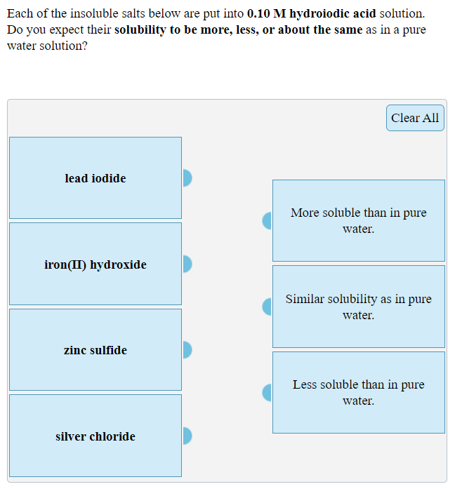 Solved Each Of The Insoluble Salts Below Are Put Into 0 10 M Chegg