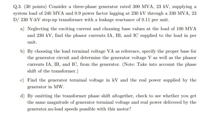 Solved Q.3. (30 points) Consider a three-phase generator | Chegg.com