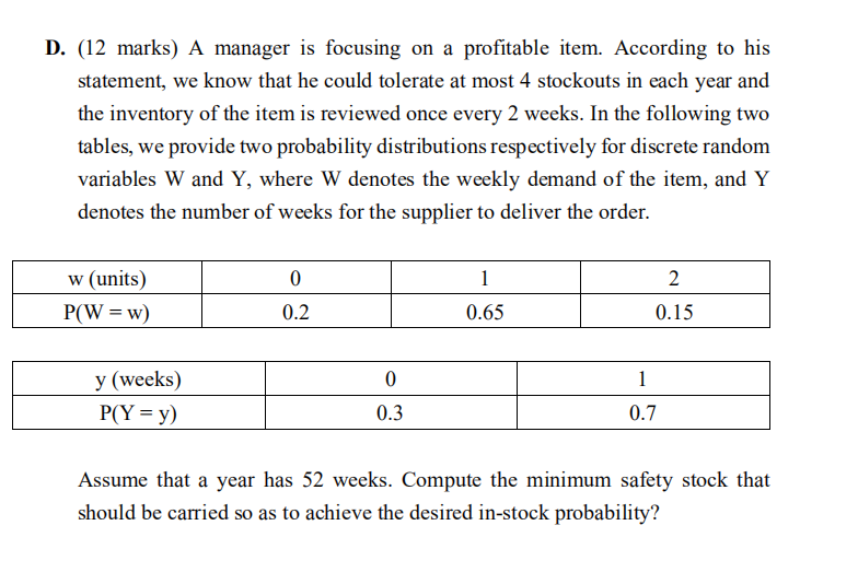 Solved D 12 Marks A Manager Is Focusing On A Profitabl Chegg Com