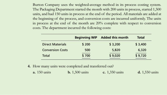 Solved Burton Company uses the weighted average method in Chegg