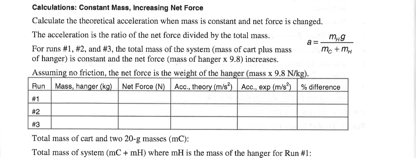 Calculations: Constant Mass, Increasing Net Force
Calculate the theoretical acceleration when mass is constant and net force 