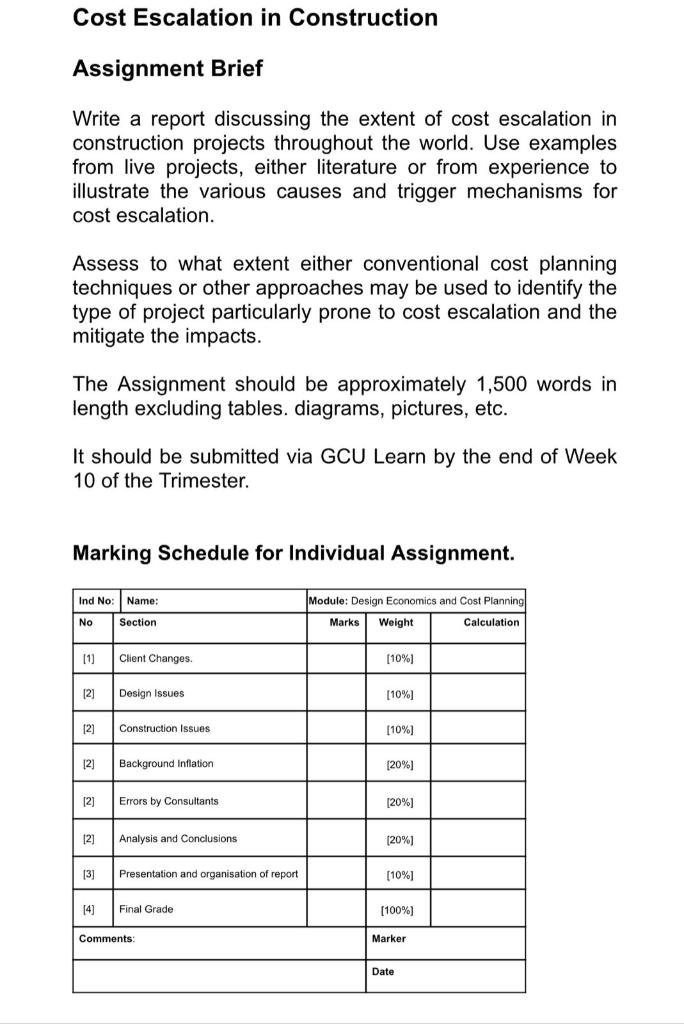Solved Cost Escalation in Construction Assignment Brief