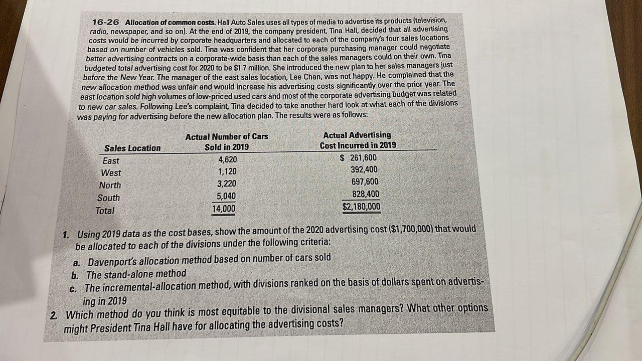Solved 1626 Allocation of common costs. Hall Auto Sales