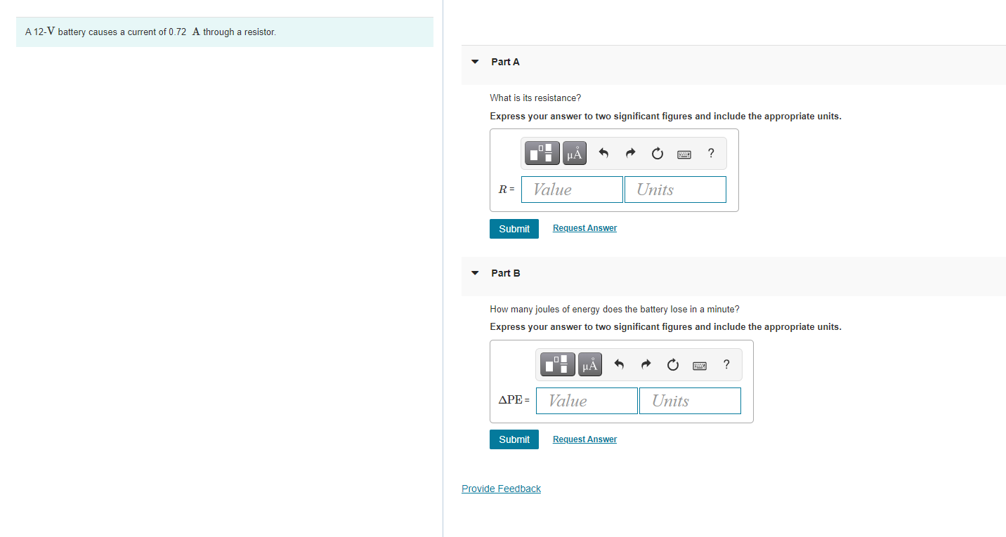 Solved A 12V battery causes a current of 0.72 A through a