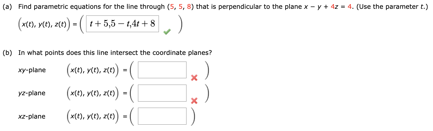 (a) Find parametric equations for the line through \( (5,5,8) \) that is perpendicular to the plane \( x-y+4 z=4 \). (Use the