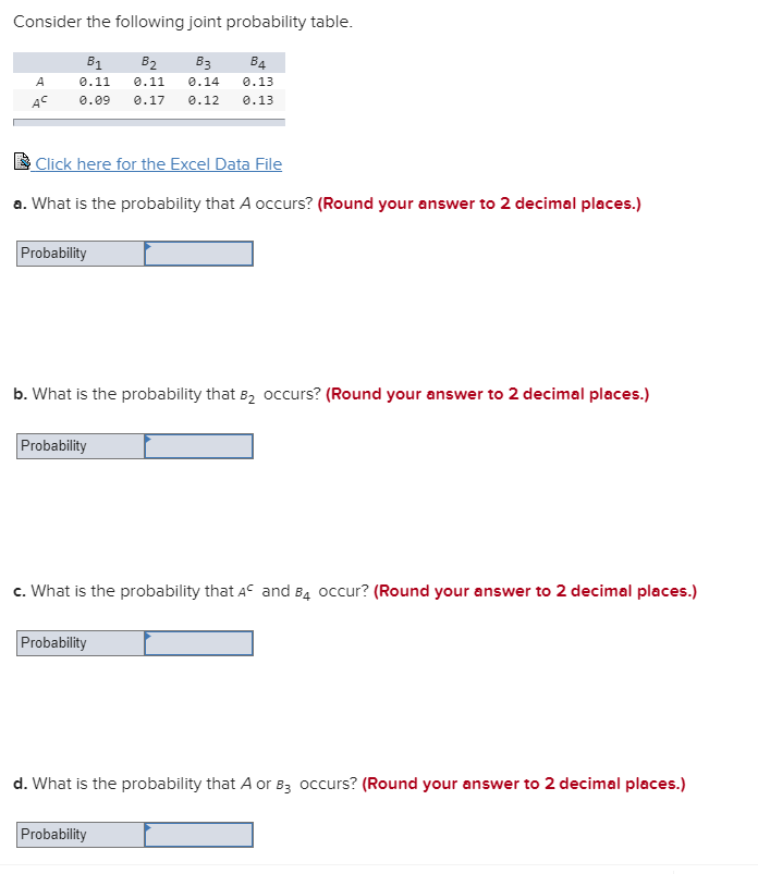 Solved Consider the following joint probability table. A AC | Chegg.com