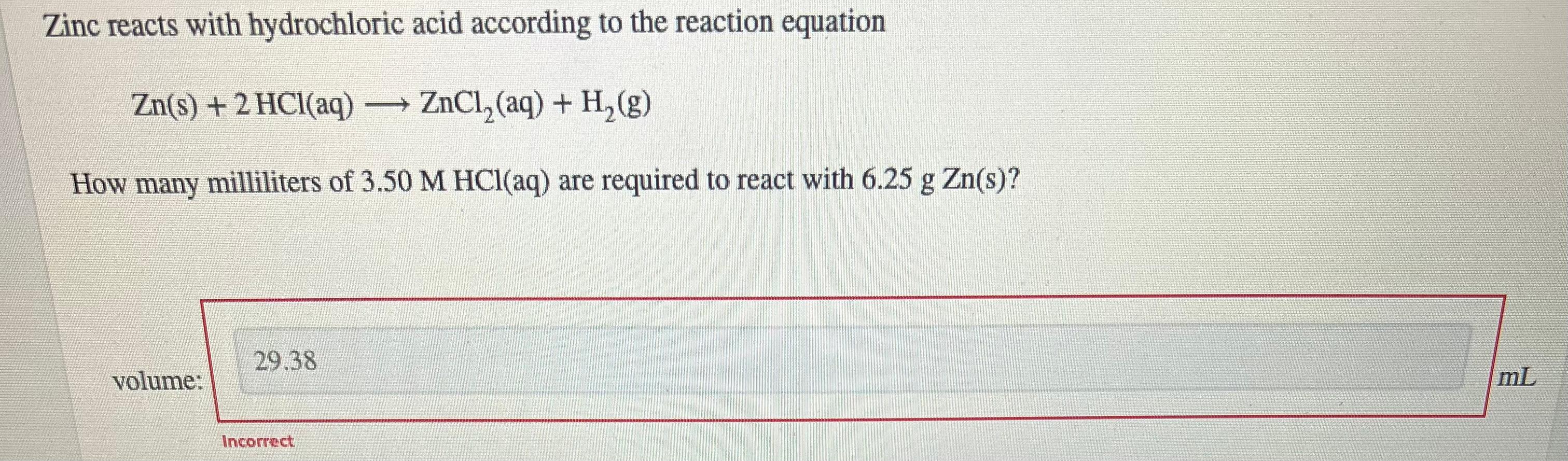 Solved Zinc reacts with hydrochloric acid according to the