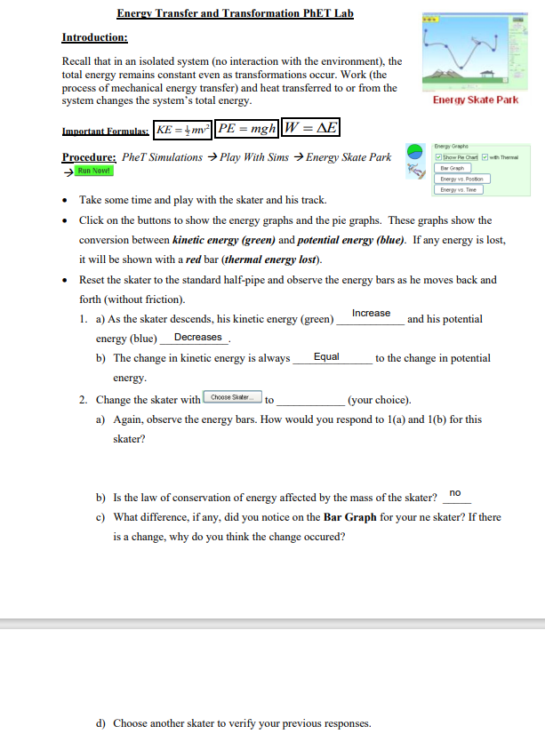 Energy Transfer And Transformation PhET Lab Chegg