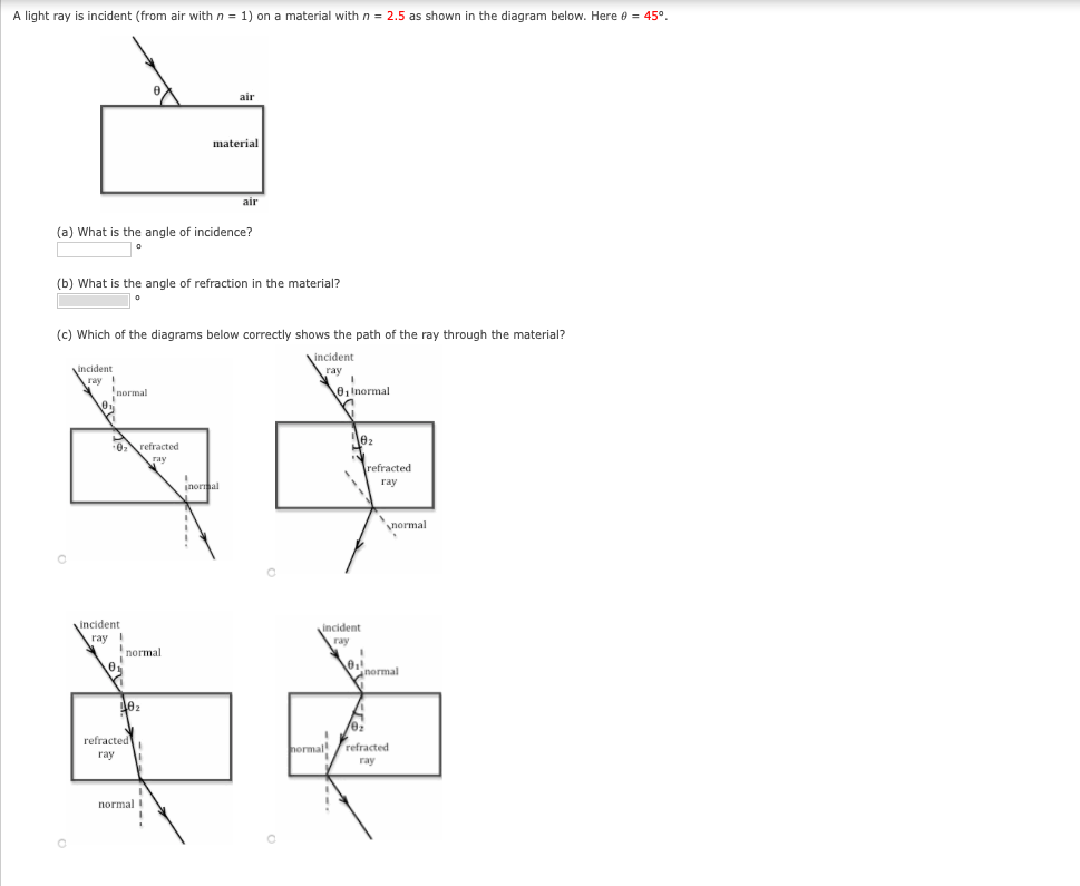 Solved A light ray is incident (from air with n = 1) on a | Chegg.com