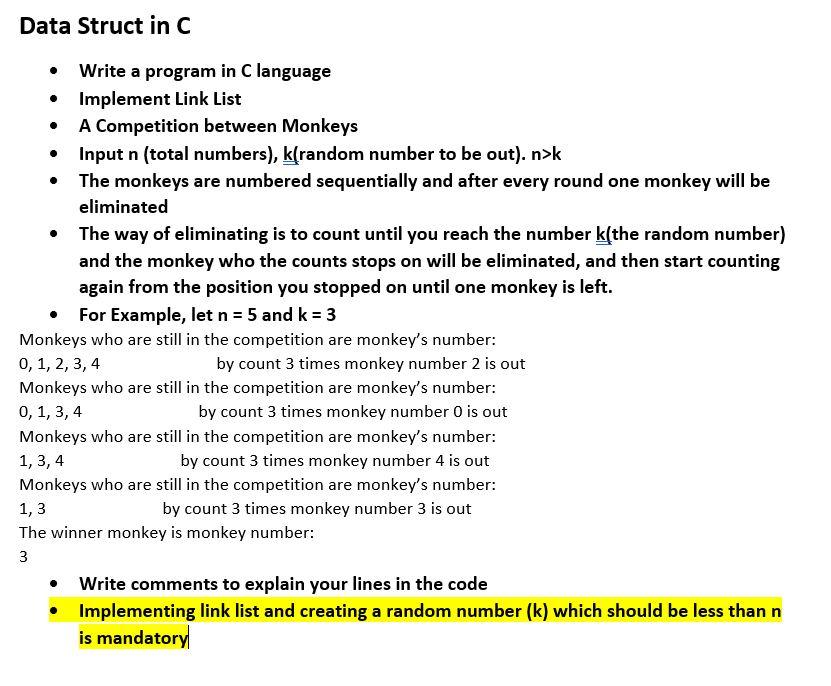 Solved Data Struct in C Write a program in C language | Chegg.com