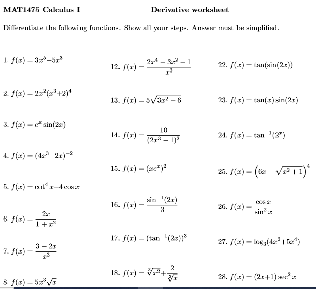 Solved MAT1475 Calculus I Derivative Worksheet Differentiate Chegg