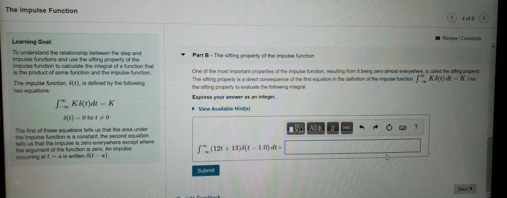 Solved The Impulse Function ③ 4or8 Review Constants Part A - | Chegg.com