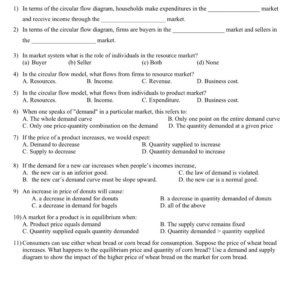 Solved 1) In terms of the circular flow diagram, households