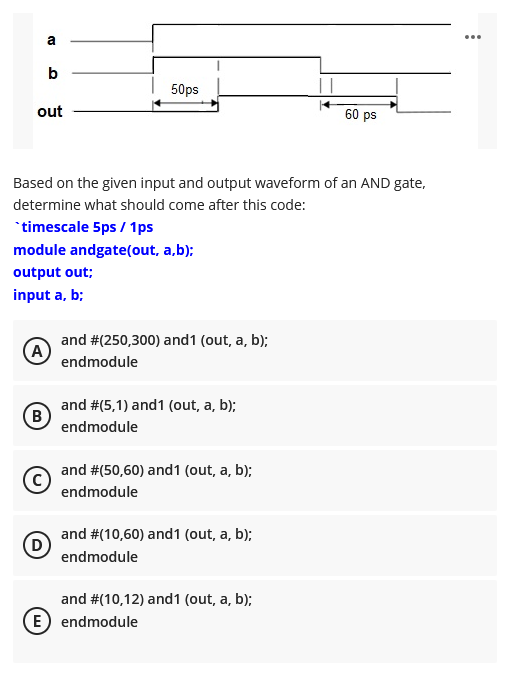 Based on the given input and output waveform of an AND gate, determine what should come after this code:
timescale 5ps / 1ps