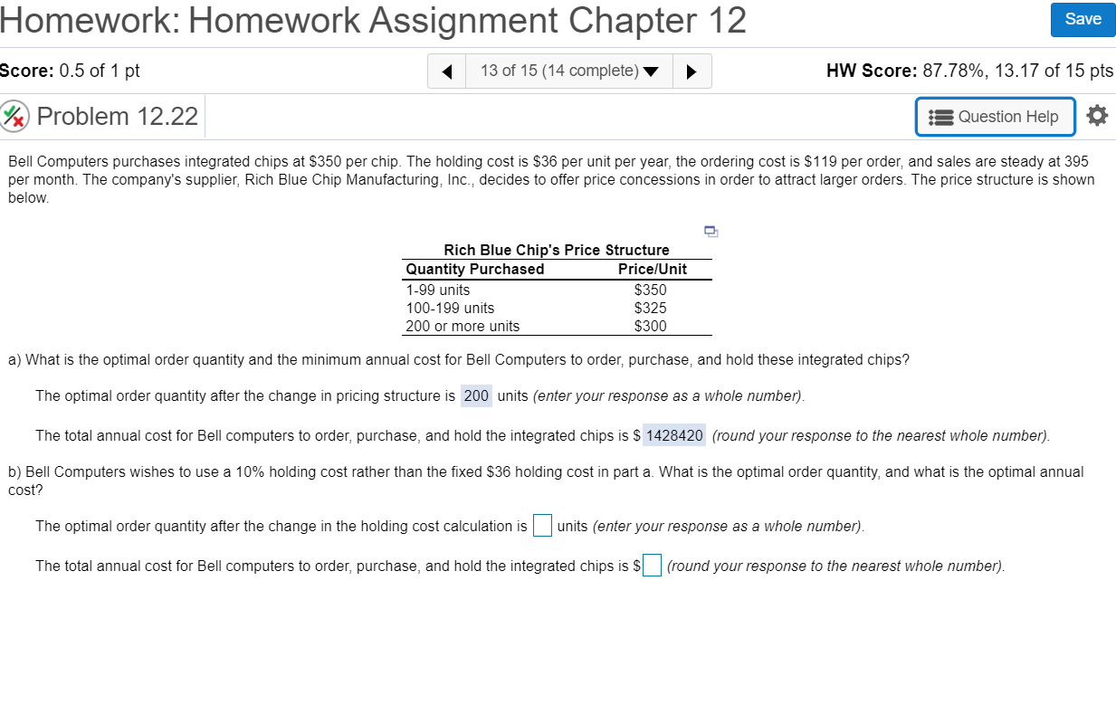 Solved Save Homework: Homework Assignment Chapter 12 Score: | Chegg.com